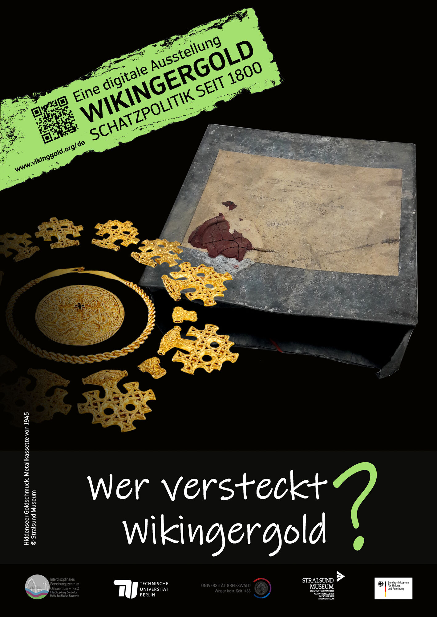Plakat zur digitalen Ausstellung Wikingergold 2025. Motiv: Wer versteckt Wikingergold?