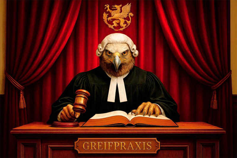 Greifpraxis Symbolbild Ein animiertes Bild von einem Greif, der einen Hammer hält, ein Buch vor sich hat und eine Perücke auf, wie ein Richter. Unten in der Mitte des Bilds steht "Greifpraxis"