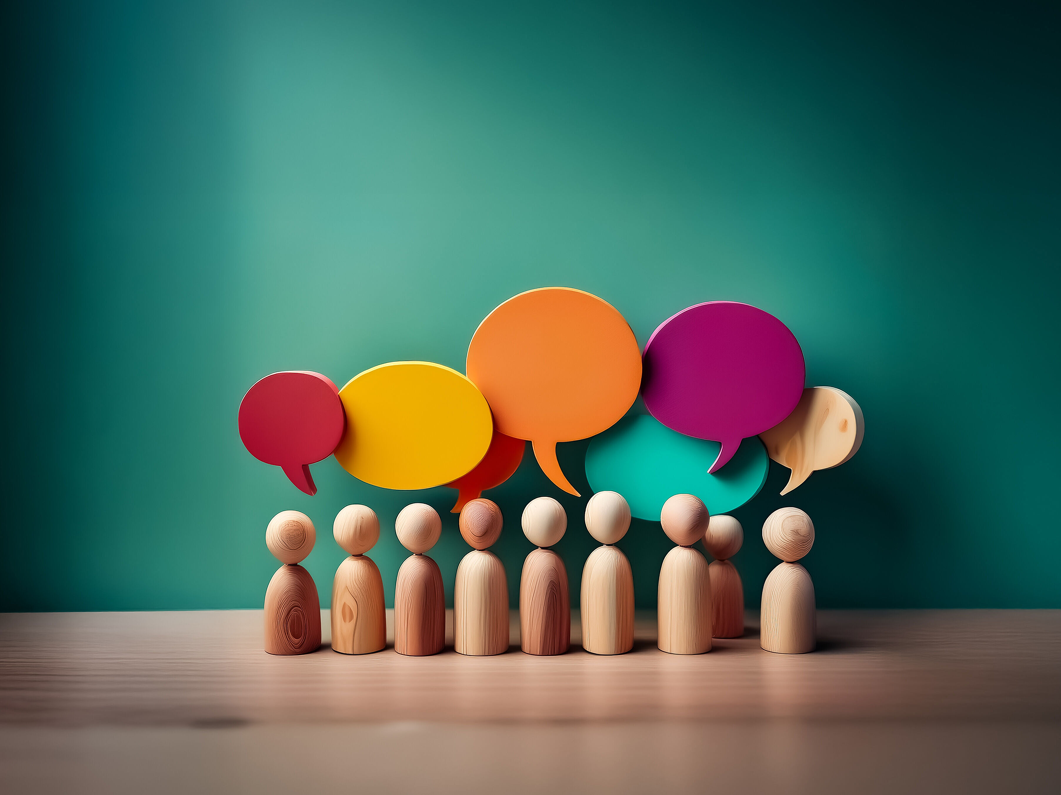 Symbolbild Dialog Vor einer grünen Wand stehen aufgereiht auf einem Holztisch kleine Holzfiguren, hinter ihnen sind bunte Sprechblasen an der Wand zu sehen.